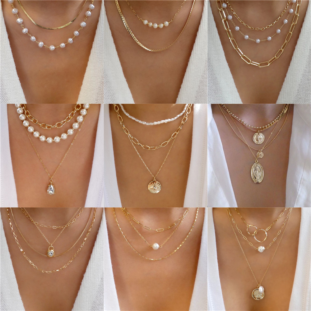 Pearl Choker Necklace Vintage - Trendy Goud-Plaat Geometrische Kralen Kristal Meerlagige