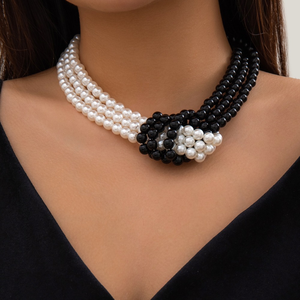 Pearl Choker Necklace Vintage - Mode Retro Zwart Wit Stiksel Knoop