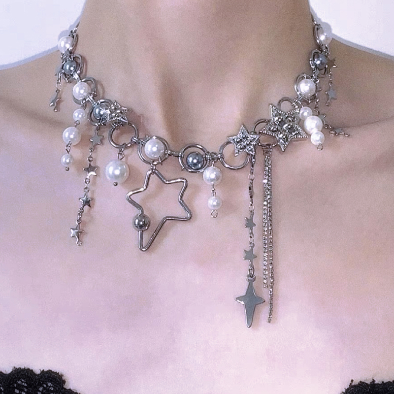 Pearl Choker Necklace Vintage - Y 2K Sieraden Parel Splicing Ster