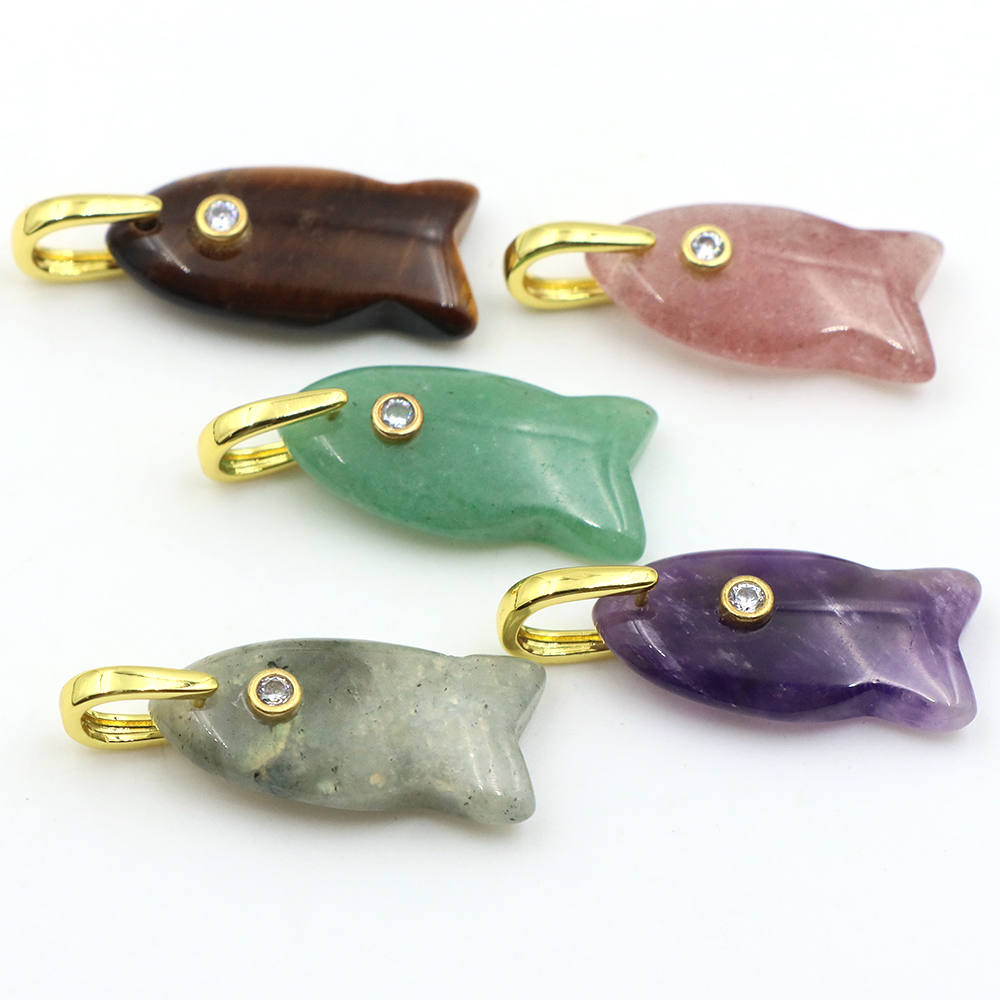 Crystal Pendant Necklace Natural Stone - 26mm Visvormige Natuurstenen Hanger Ingelegd Zirkoon