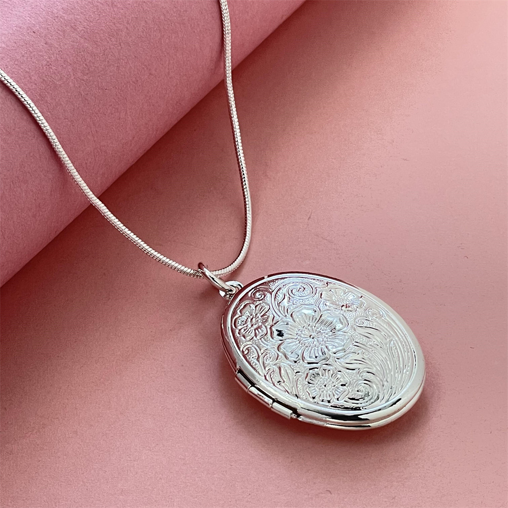 925 Sterling Silver Chain Necklace Men - 925 zilveren slangenketting ovale fotolijsthanger, geschikt